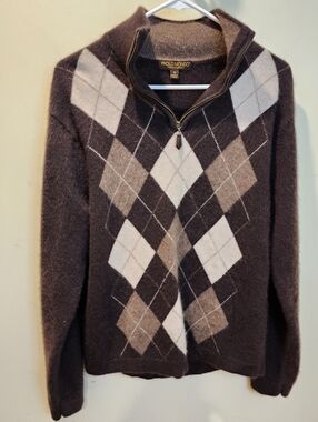PAOLO MONDO Men’s Brown Argyle Half-Zip 100% Cashmere Sweater Sz M